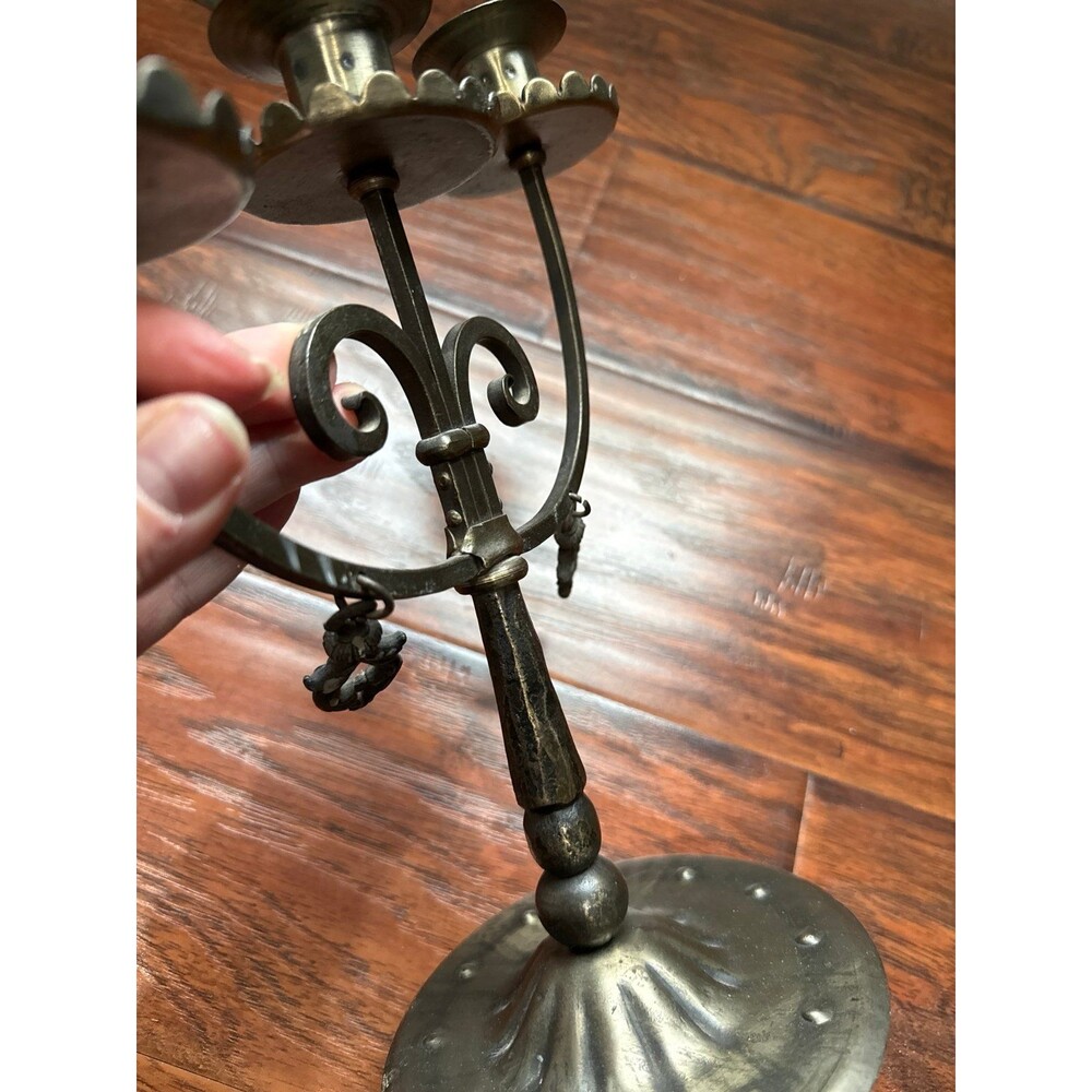 Pair Antique Hugo Berger Goberg Arts & Crafts Wrought Iron 3-Branch Candelabras - Picture 4 of 5